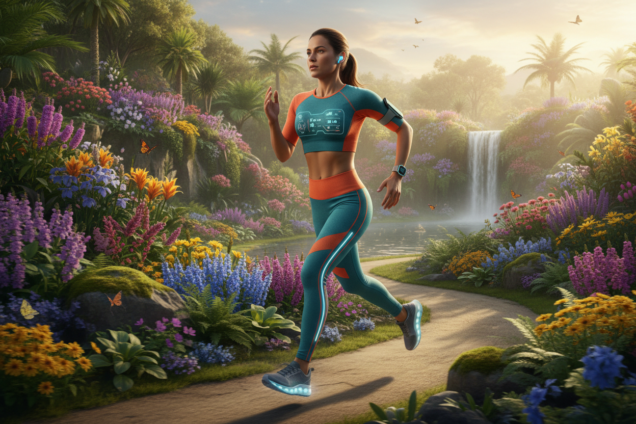 Fitness model with vibrant plants background
